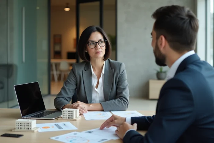Femme investisseuse en réunion avec un conseiller financier autour d'un projet d'investissement immobilier
