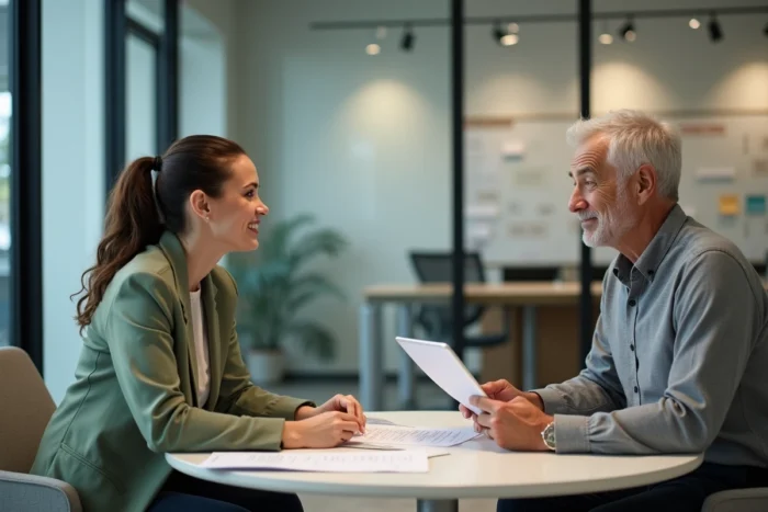 Locataire et propriétaire en discussion dans une agence immobilière moderne pour un accord de location