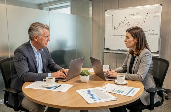 Deux professionnels discutant de stratégies d'investissement autour d'une table de réunion avec des rapports financiers