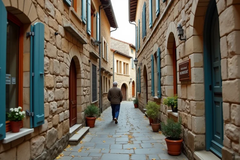 Rue pavée du patrimoine historique de Veynes dans les Hautes-Alpes avec façades en pierre et volets colorés