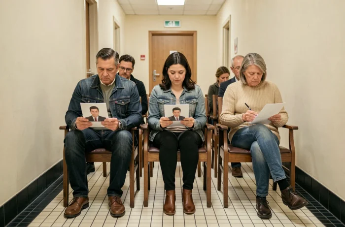 Groupe de figurants attendant leur tour dans le couloir d'une agence de casting parisienne