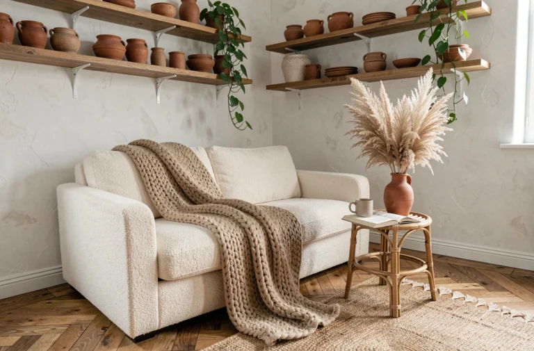 Salon scandinave cosy avec canapé boucle crème, plaid en laine tricotée et décoration en rotin et terre cuite pour un intérieur chaleureux et tendance