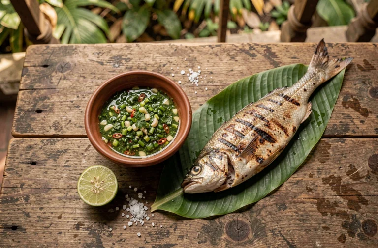Bol de sauce chien antillaise maison avec herbes fraîches, posé à côté d'un poisson grillé sur une feuille de bananier sur une table en bois rustique