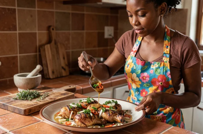 Femme antillaise versant de la sauce chien sur des cuisses de poulet grillé dans une cuisine aux carreaux terracotta