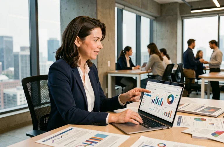 Femme professionnelle analysant une stratégie de communication digitale sur un tableau de bord marketing dans un bureau moderne