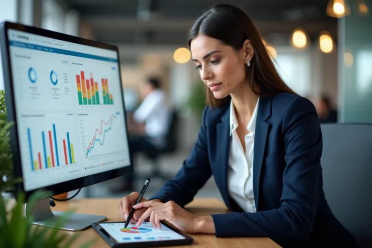 Professionnelle en marketing digital analysant des tableaux de bord analytiques sur tablette et écrans d'ordinateur dans un bureau moderne