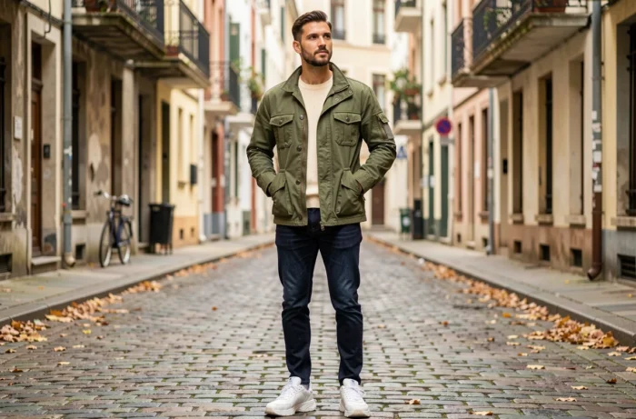 Homme en veste utility verte et sneakers blanches dans une rue pavée européenne illustrant le style street fashion tendance de la saison