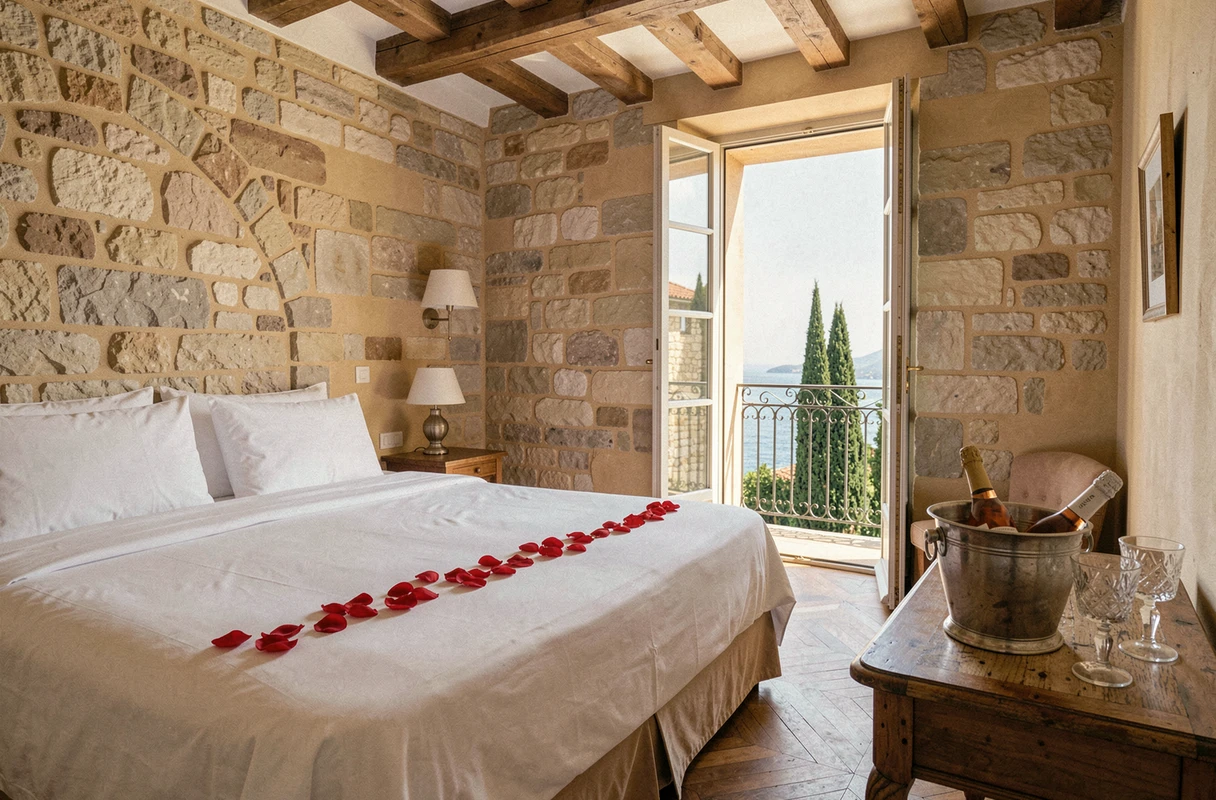 Suite romantique de luxe dans un hôtel de la Côte d'Azur avec pétales de rose et vue sur la mer