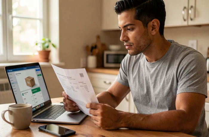 Homme consultant un document de suivi de statut de transfert d'argent à domicile devant un ordinateur portable