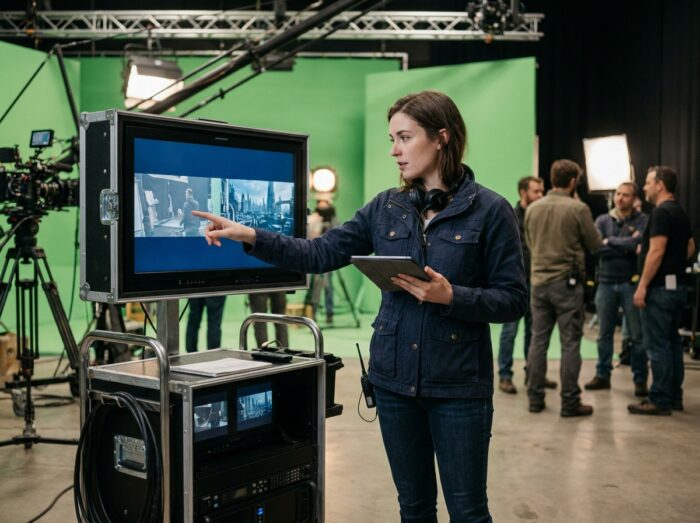 Superviseure VFX examinant une comparaison entre prise de vue réelle et composite CGI sur un plateau de tournage