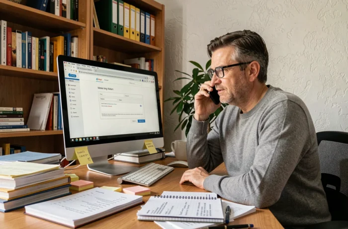Homme en télétravail contactant le support informatique pour un problème de webmel depuis son bureau à domicile