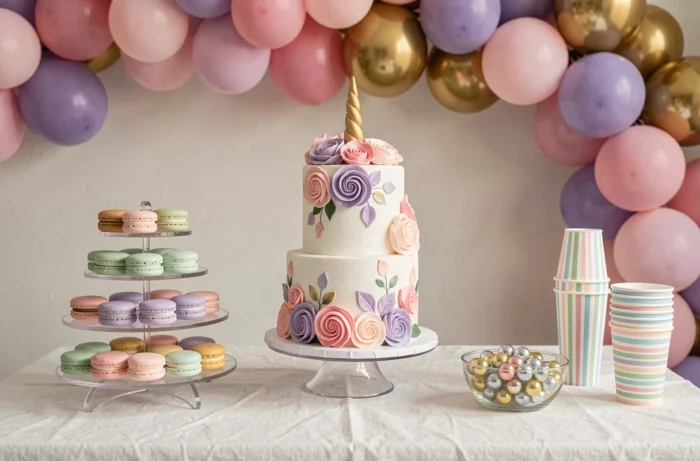 Table de fête thème licorne avec gâteau à la corne dorée, macarons et guirlande de ballons pastels