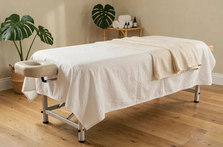 Table de massage professionnelle installée dans une pièce bien-être à domicile avec linge blanc et accessoires en bambou