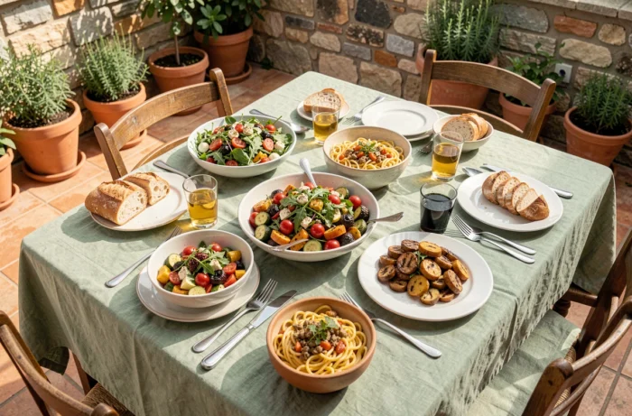 Table dressée en plein air avec une variété de plats savoureux pour un repas convivial en famille