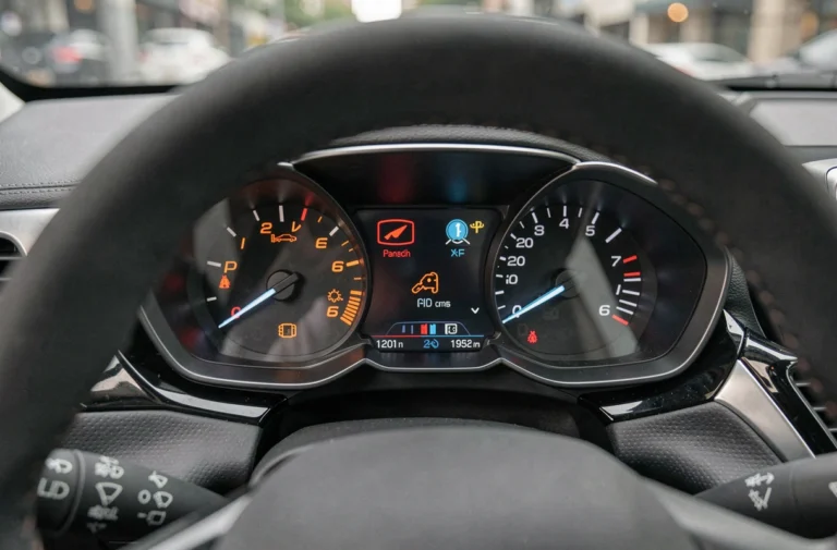 Gros plan sur le tableau de bord d'une Peugeot 208 avec voyants et symboles colorés allumés