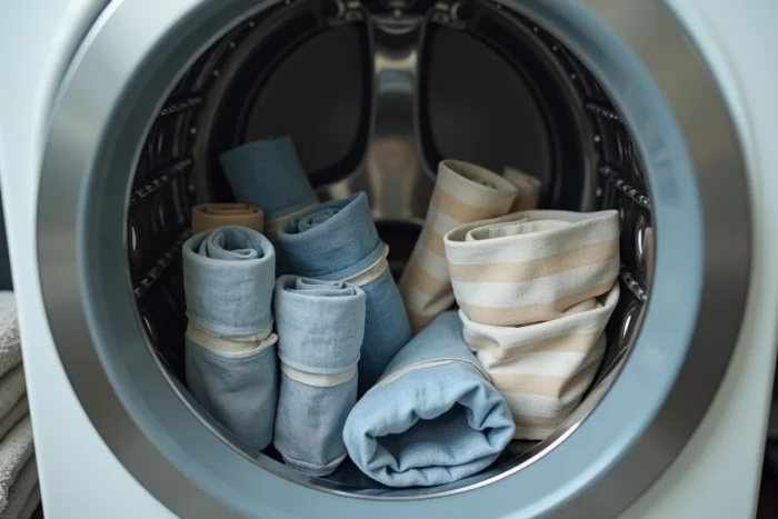Tabliers de cuisine roulés et placés dans des filets de lavage à l'intérieur d'un tambour de machine à laver