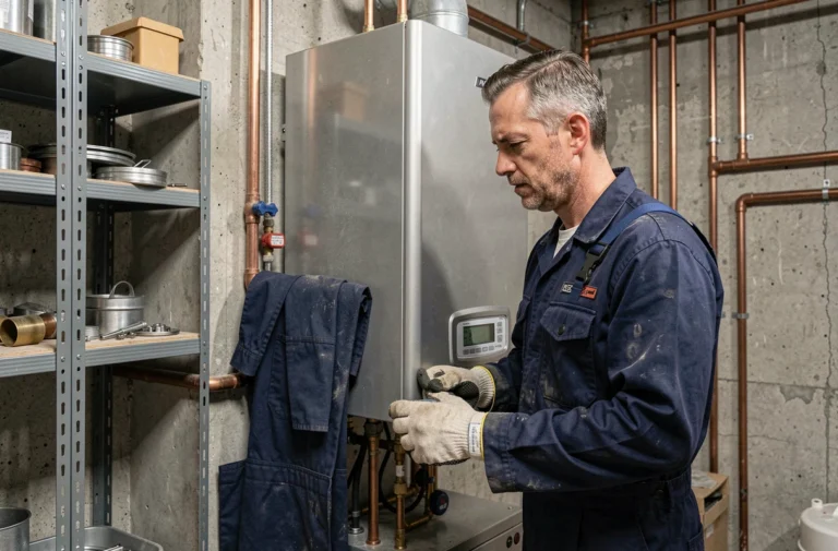 Technicien inspectant une chaudière à condensation dans la chaufferie d'un immeuble collectif