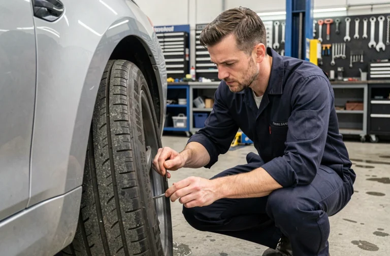 Technicien automobile examinant les marquages d'indice de charge et de vitesse sur un pneu de berline en atelier