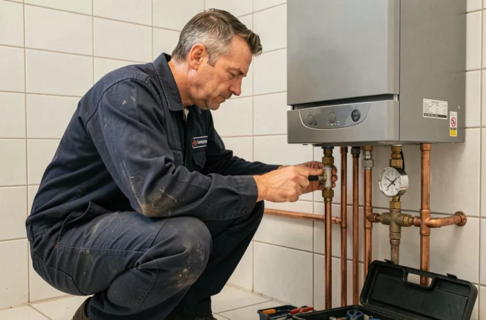 Technicien en uniforme inspectant une chaudière murale à gaz dans une buanderie d'appartement bruxellois