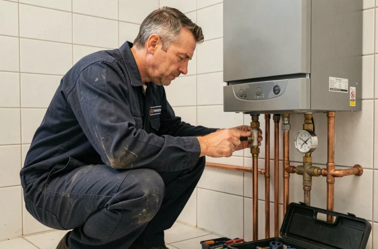 Technicien en uniforme inspectant une chaudière murale à gaz dans une buanderie d'appartement bruxellois
