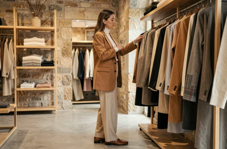 Femme élégante en blazer camel oversize explorant les nouvelles collections mode de la saison dans une boutique parisienne haut de gamme