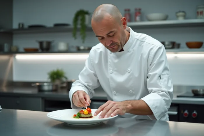 Portrait de Thierry Marx en cuisine moderne, composant un plat minimaliste alliant technique française et influences asiatiques