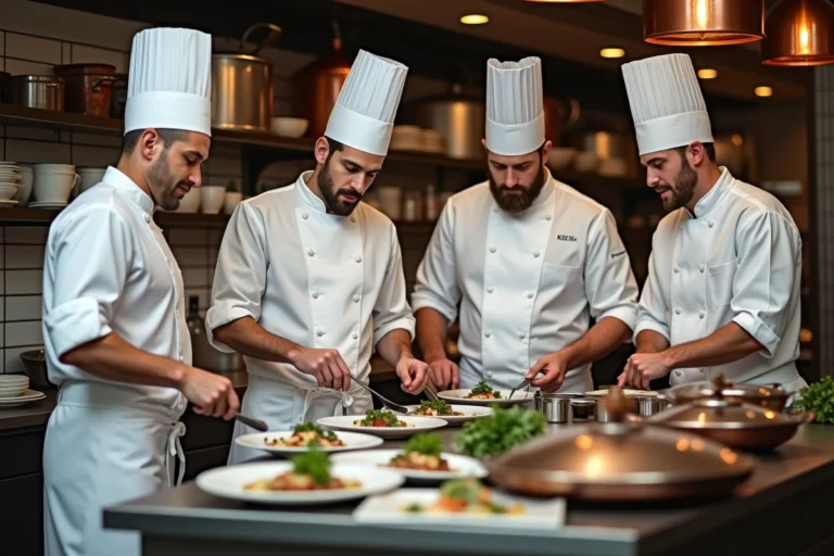 Une équipe de grands chefs français en tenue traditionnelle réunie dans une cuisine gastronomique étoilée