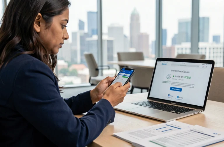 Femme consultant une application de transfert d'argent international sur smartphone dans un bureau moderne