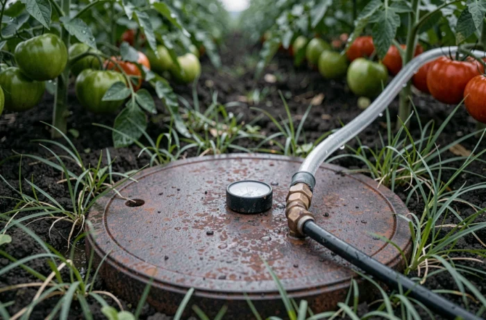 Détail de la trappe d'accès d'une cuve enterrée connectée à un système d'irrigation goutte-à-goutte