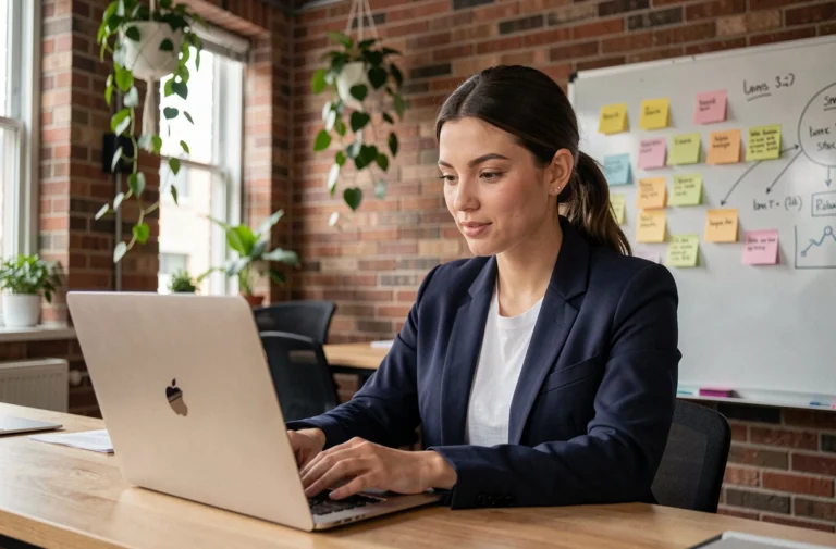 Jeune femme professionnelle travaillant sur son ordinateur dans un espace de travail de startup moderne avec murs en briques apparentes