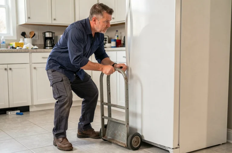 Homme utilisant un diable pour déplacer un réfrigérateur dans une cuisine moderne