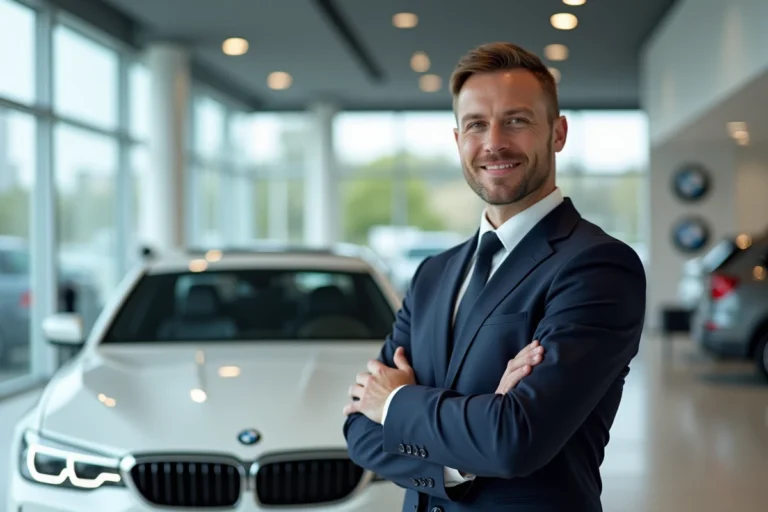 Vendeur automobile BMW en costume sombre dans une concession BMW moderne en France, présentant une berline blanche