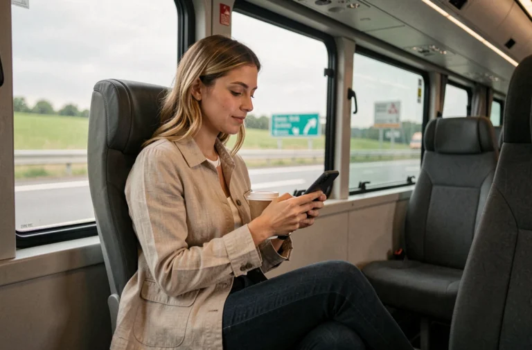 Femme consultant son smartphone dans un bus interurbain moderne lors d'un voyage en France