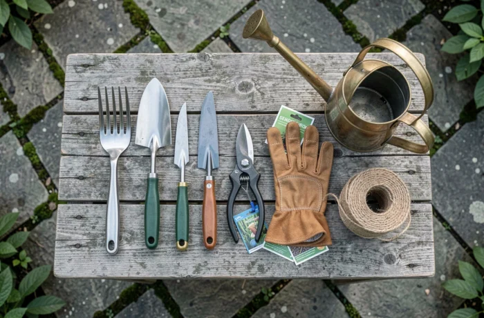 Vue aérienne d'un ensemble d'outils de jardinage essentiels disposés sur une table de rempotage en bois recyclé